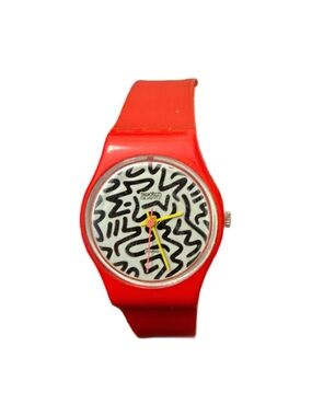 Swatch Red & Black Vintage 1984 Swiss Bought With Abstract Pattern Face